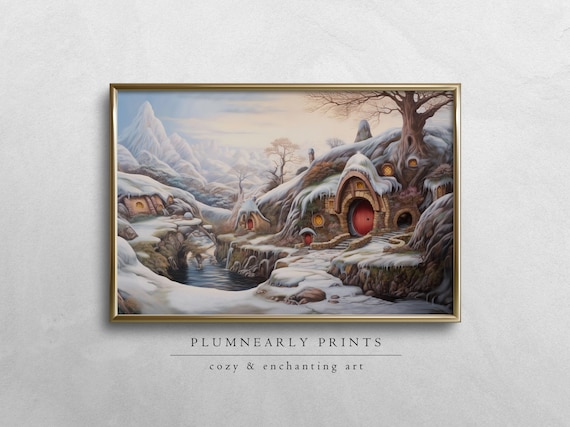 Hobbit House Painting Digital Art Print, Enchanted Winter Landscape, Fantasy Snowy Village Canvas, Whimsical Mountain Fairy Tale Home Decor