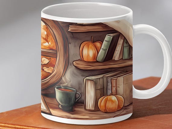 Cozy Autumn Hobbit Reading Nook Mug, Fall Leaves Teapot Book Shelf Design, Perfect for Book Lovers, Autumn Vibes Mug, Cozy Home Decor
