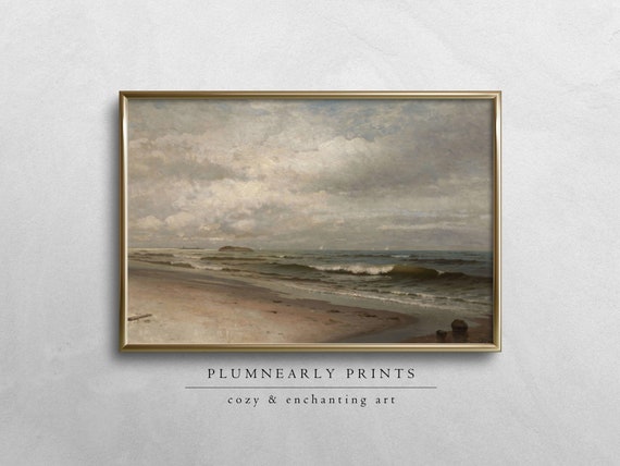 Beach Landscape Oil Painting Digital Art Print, Vintage Seascape Classic Beach Wall Art, Coastal Decor, Ocean Waves Poster, Nautical Theme