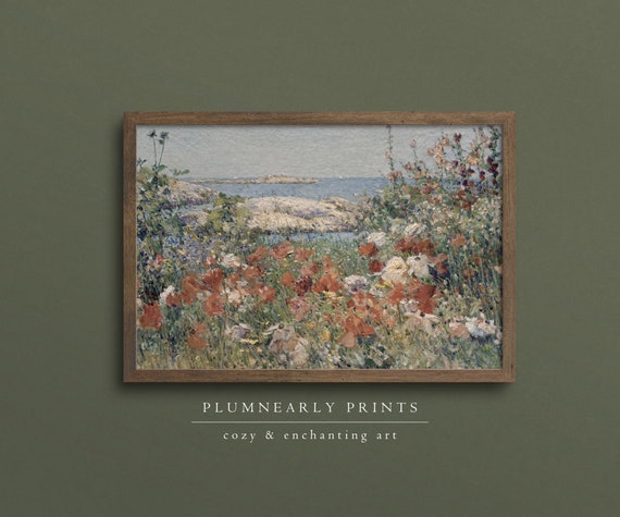 Wildflower Field by the Sea Oil Painting Art Print Poster, Muted Nature Scene Artwork, Impressionist Landscape, Neutral Coastal Wall Decor