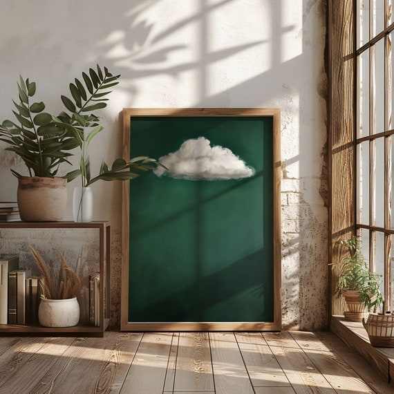 Emerald Green Cloud Oil Painting Art Print Poster, Abstract Green Cloudscape Painting, Minimalist Modern Wall Decor, Maximalist Aesthetic