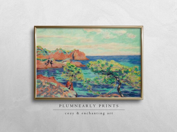 Guillaumin Coastal Cliffs Oil Painting Digital Art Print, Maximalist Aquamarine Ocean Sea Blue Tangerine Orange Chartreuse Green Wall Decor