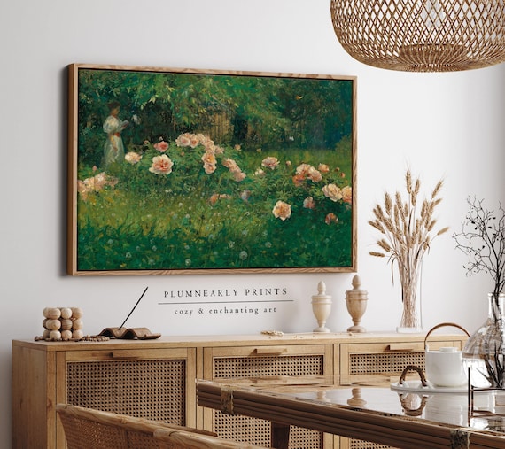 Rose Garden Landscape Oil Painting Framed Canvas, Floral Impressionist Nature Art, Vintage Cottagecore Coquette Green Pink Wall Decor