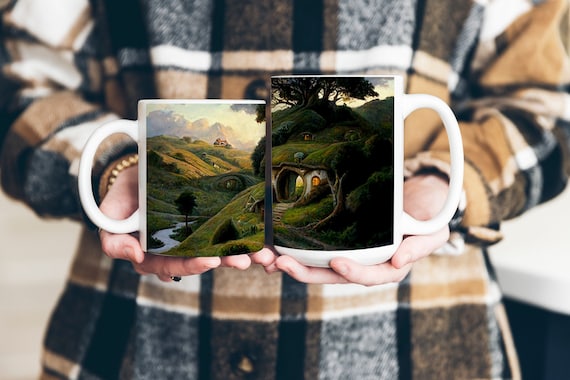 The Shire Oil Painting Mug. Hobbitcore Decor. Hobbit Hole Landscape. Hobbit Gift. Ceramic 11oz 15oz White Mug Black Mug 12oz Enamel Camp Mug