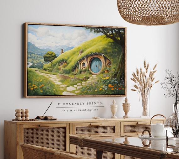 The Shire Oil Painting Framed Canvas. Hobbitcore Decor. Hobbit Hole Landscape Art. Halfling House Wall Art. Cozy Earth Home Canvas Art Print
