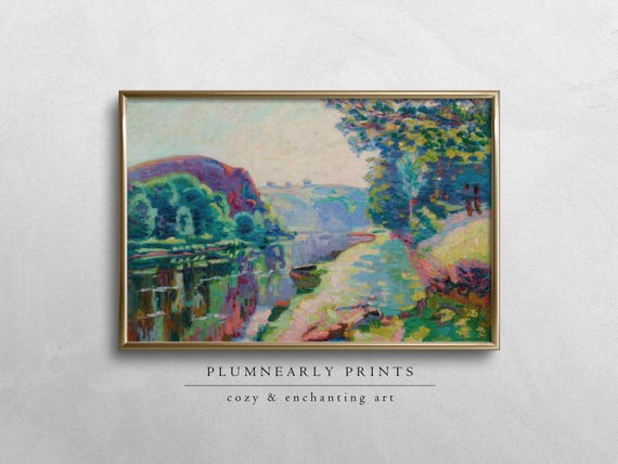 Guillaumin River Landscape Oil Painting Digital Art Print, Maximalist Chartreuse Green Aquamarine Icy Blue Periwinkle Lavender Purple Decor