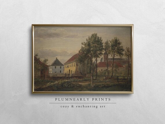 Dreyer European Village Digital Art Print, Scandi Cottages Oil Painting, Countryside Farmhouse, Sage Green Beige Buttercream Yellow Decor