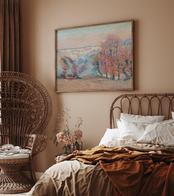 Guillaumin Ethereal Pastel Spring Landscape Art Print Poster, Aquamarine Icy Blue Bubblegum Powder Pink Tangerine Orange Oil Painting Decor