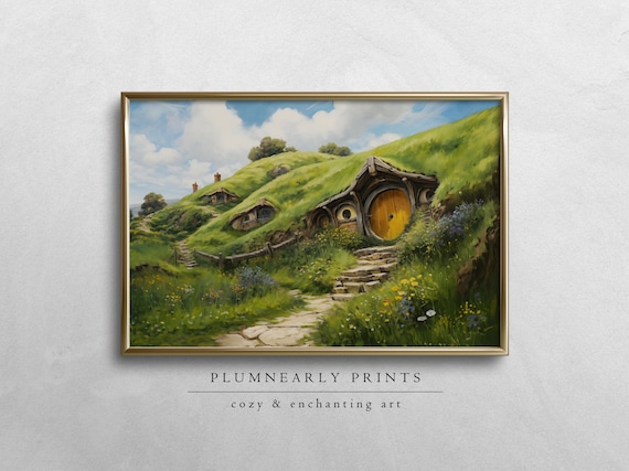 Hobbit House Painting Art Print Poster, The Shire Wall Art, Hobbitcore Fantasy Landscape Home Decor, Whimsical Canvas Fantasy Lovers Gift