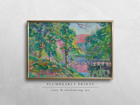 Guillaumin Vibrant Forest Riverbank Landscape Digital Art Print, Chartreuse Frog Green Aquamarine Icy Sky Blue Bubblegum Pink Painting Decor