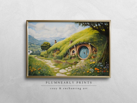 Hobbit House Oil Painting Digital Art Print, Enchanting Shire Fantasy Book Lover Landscape, Bright Green Hobbitcore Countryside Home Decor