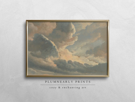 Clouds Landscape Oil Painting Digital Art Print, Vintage Moody Cloudscape Wall Art Poster, Classic Impressionist Sky Neutral Gold Home Decor