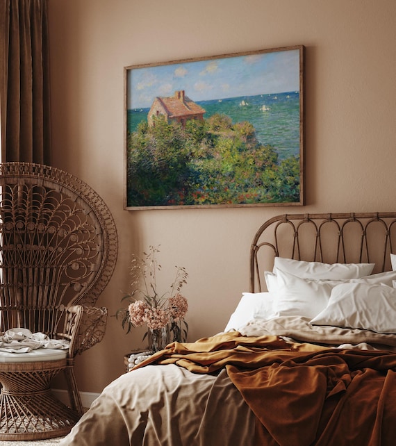 Monet Fisherman's Cottage Landscape Oil Painting Art Print Poster, Coastal Seaside Impressionist Vibrant Sea, Sailboat Nautical Wall Decor