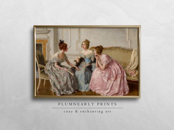 Haigh-Wood Gossip Portrait Oil Painting Digital Art Print, Classic Elegant Regency Dress Women, Jane Austen British Literature Bookish Decor