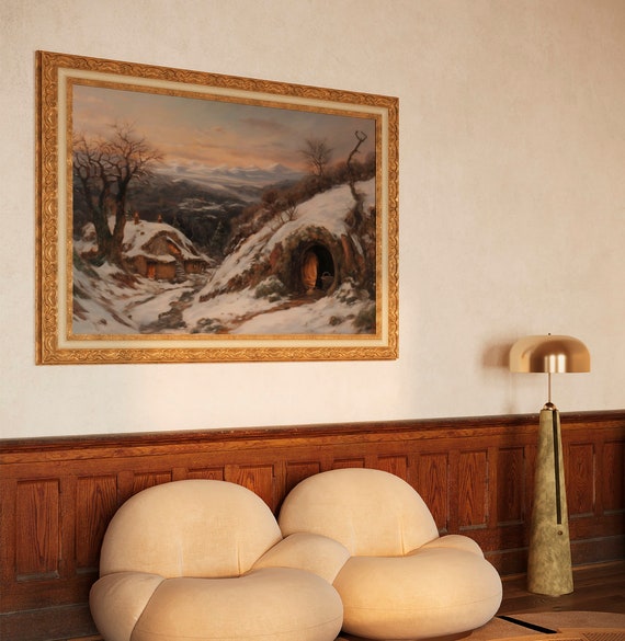 Hobbit House Painting Art Print Poster, Rustic Winter Landscape, Snowy Countryside Canvas Art, Warm Tones Wall Decor, Cozy Cottage Scenery