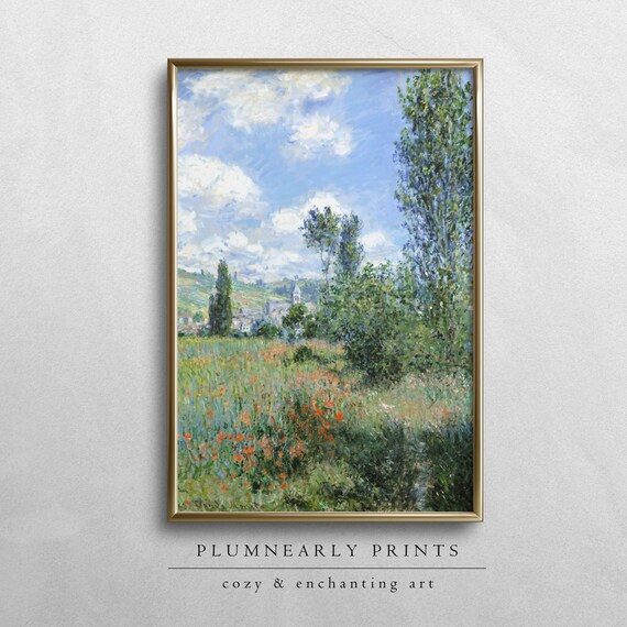 Monet French Country Landscape Oil Painting Digital Art Print, Poppy Field Impressionist Wall Decor, French Country Cottagecore Aesthetic