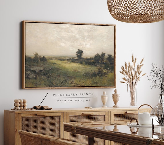 English Country Landscape Oil Painting Framed Canvas, Vintage Rustic Nature Cottagecore Wall Decor, Classic French Countryside Scenery