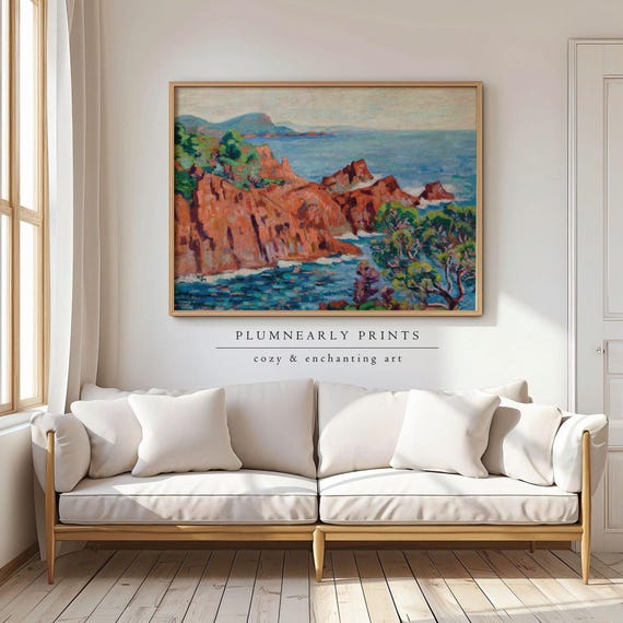 Guillaumin Fauvist Seaside Cliff Landscape Art Print Poster, Colorful Nautical Teal Aquamarine Blue Green Cinnamon Orange Beach House Decor