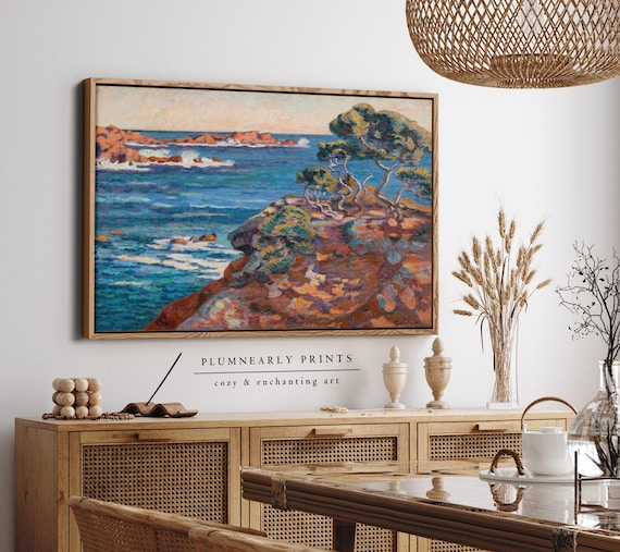 Guillaumin Colorful Coastline Landscape Framed Canvas, Vintage Nautical Teal Aquamarine Blue Green Brown Beach House Maximalist Decor