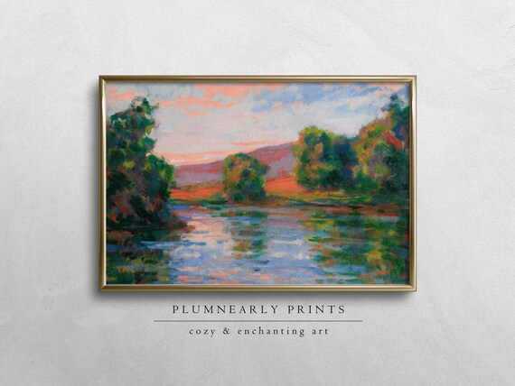 Guillaumin Lake Sunset Oil Painting Digital Art Print, Impressionist Landscape, Bold Aquamarine Icy Blue Tangerine Orange Frog Green Decor