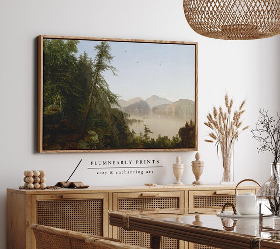 Forest Mountain Landscape Oil Painting Framed Canvas, Classic Trees Along the Hudson Kensett, Elegant Neutral Green Vintage Home Decor