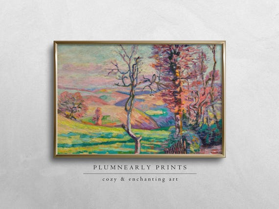 Guillaumin Colorful Hills and Trees Landscape Digital Art Print, Chartreuse Yellow Green Bubblegum Blush Powder Pink Aquamarine Blue Decor
