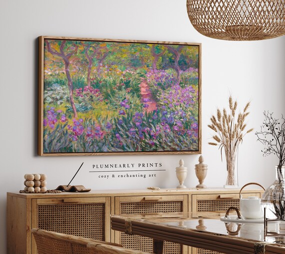 Monet French Country Garden Landscape Oil Painting Framed Canvas, Impressionist Vibrant Floral Art, Bold Maximalist Vintage Wall Decor