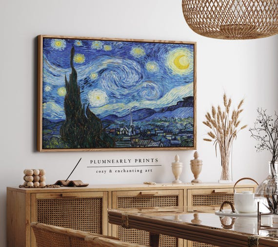 Starry Night Framed Canvas, Vincent Van Gogh Maximalist Sky Art, Impressionist Oil Painting, Indigo Galaxy Blue Mustard Yellow Wall Decor