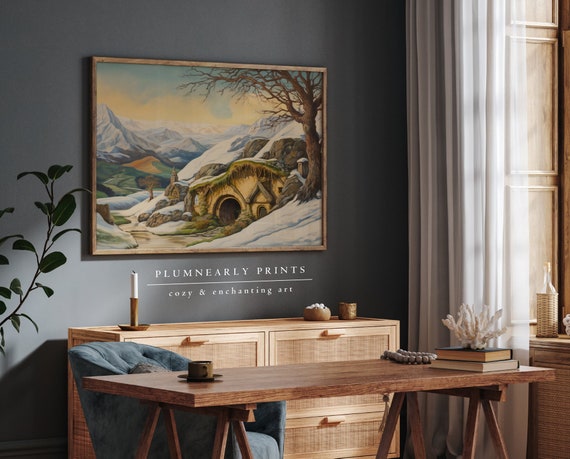 Hobbit House Painting Art Print Poster, The Shire Rustic Mountain Village Canvas Print, Countryside Landscape Wall Art, Cozy Cottage Decor