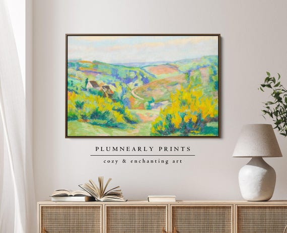 Guillaumin Soft Pastel Hillside Landscape Framed Canvas, Vintage Impressionist Art, Maximalist Chartreuse Yellow Green Icy Blue Decor