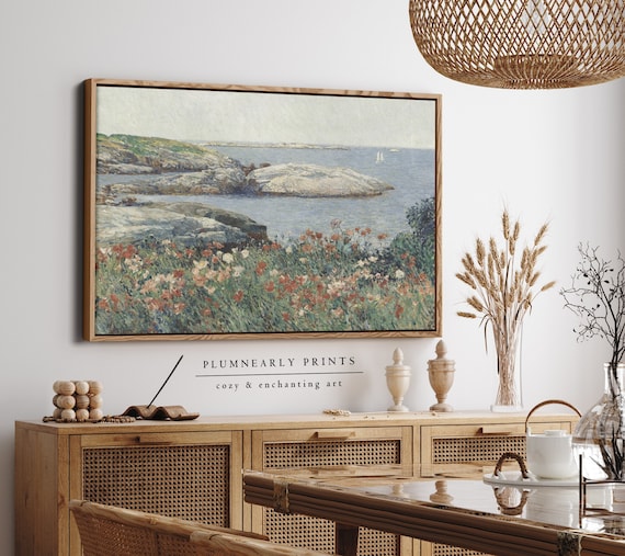 Wildflower Field By The Sea Oil Painting Framed Canvas, Neutral Impressionist Coastal Seascape, Vintage Muted Nautical Beach Wall Decor