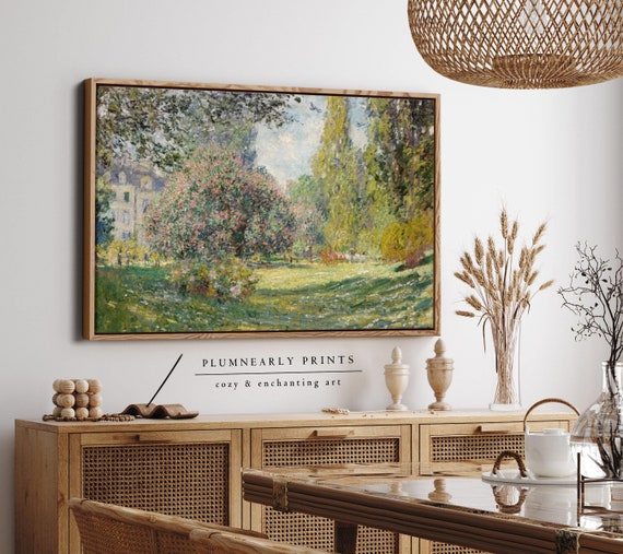 Monet Floral Garden Landscape Oil Painting Framed Canvas, Classic French Paris Home Decor, Vintage Impressionist Green Nature Wall Art