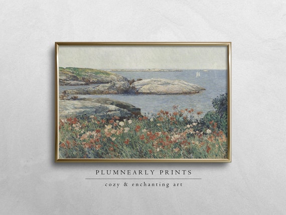 Wildflower Field by the Sea Oil Painting Digital Art Print, Neutral Impressionist Coastal Seascape, Vintage Muted Nautical Beach Wall Decor
