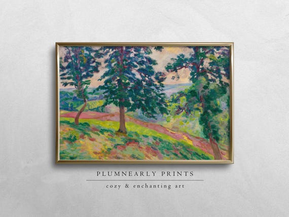 Guillaumin Scenic Forest Overlook Digital Art Print, Vintage Impressionist Tree Landscape Painting, Maximalist Chartreuse Green Yellow Decor