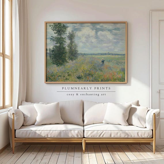 Monet Poppy Fields Landscape Oil Painting Art Print Poster, Neutral Impressionist Summer Wildflower Field, Pastel Spring Floral Wall Decor