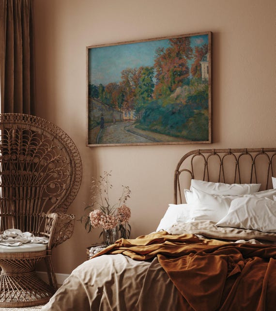 Guillaumin Autumn Road Art Print Poster, Vintage Fall Tree Landscape, Warm Cinnamon Sage Green Decor, Romantic French Country Neutral Art