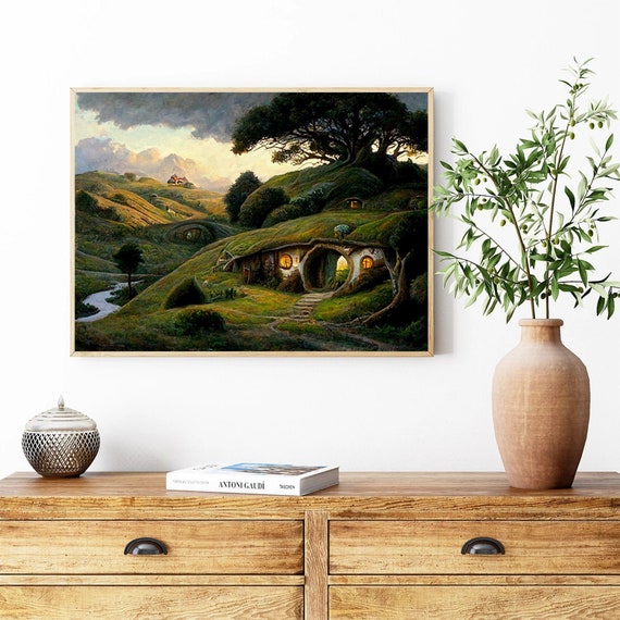 The Shire Oil Painting Print. Hobbitcore Decor. Hobbit Hole Landscape Poster. Halfling House Wall Art. Cozy Earth Home Print. Physical Print