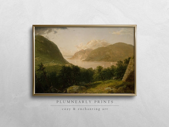 Romantic Mountain Landscape Oil Painting Digital Art Print, Classic American Hudson River Scene Kensett, Elegant Neutral Vintage Home Decor