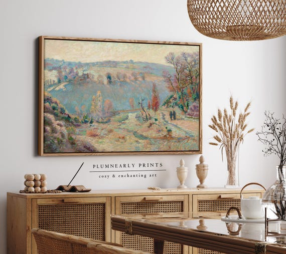 Guillaumin Pastel Countryside Landscape Framed Canvas, Buttercream Sunshine Yellow Tangerine Aquamarine Icy Sky Blue Oil Painting Decor