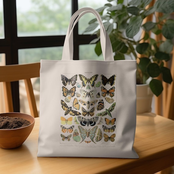 Adolphe Millot Vintage Butterflies Illustration Poster Canvas Tote Bag, Antique Papillons Entomology Wall Art, Insect Nature Lover Gift