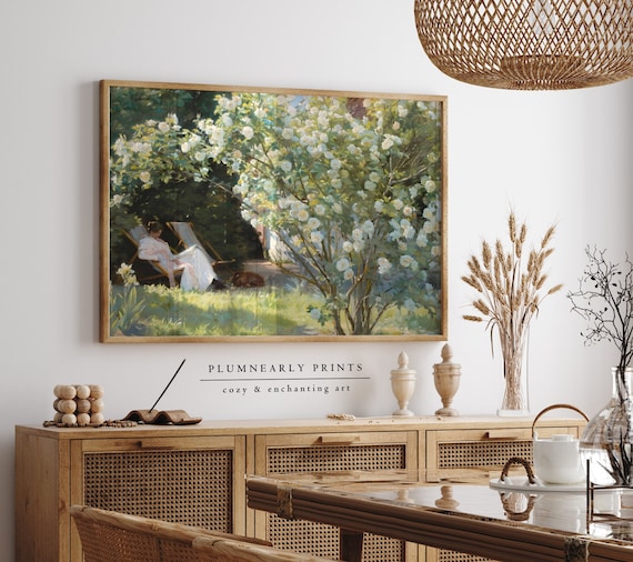 Reading Woman Floral Landscape Oil Painting Art Print Poster, Impressionist Garden Painting Wall Art, Cottagecore Girl Reading Nook Decor