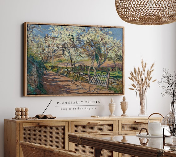 Guillaumin Spring Blooming Orchard Landscape Framed Canvas, Vintage Cottagecore Painting, Light Buttercream Floral Cherry Blossom Trees