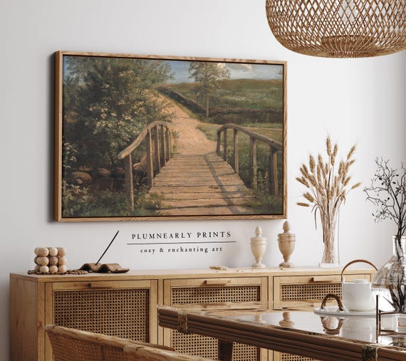 Dreyer Old Country Bridge Landscape Framed Canvas, Vintage Antique Rustic Farmhouse Oil Painting, Neutral Sage Green Taupe Wall Decor