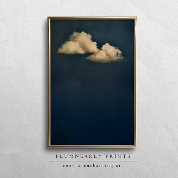 Indigo Blue Cloud Oil Painting Digital Art Print, Abstract Stormy Cloudscape, Modern Minimalist Wall Art, Contemporary Blue and Beige Decor