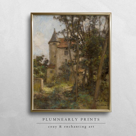 French Country Castle Landscape Oil Painting Art Print Poster, Medieval Knightcore Cottagecore Aesthetic, Neutral Rustic Chateau Wall Decor
