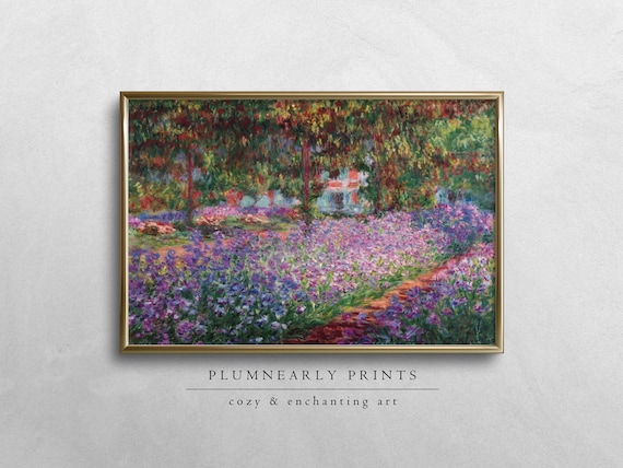 Monet Artist's Garden Landscape Oil Painting Digital Art Print, Colorful Impressionist Flowers, Vibrant Maximalist Purple Floral Home Decor