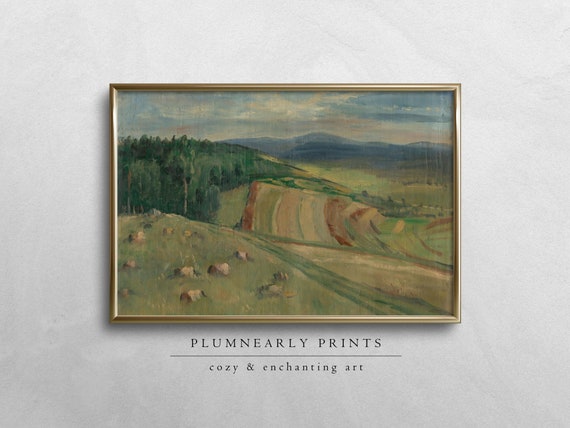 English Country Landscape Oil Painting Art Print Poster, Vintage French Countryside Wall Art, Green Rolling Hills Modern Farmhouse Decor