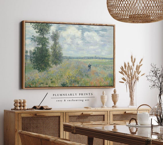 Monet Poppy Fields Landscape Oil Painting Framed Canvas, Neutral Impressionist Summer Wildflower Field, Pastel Spring Floral Wall Decor