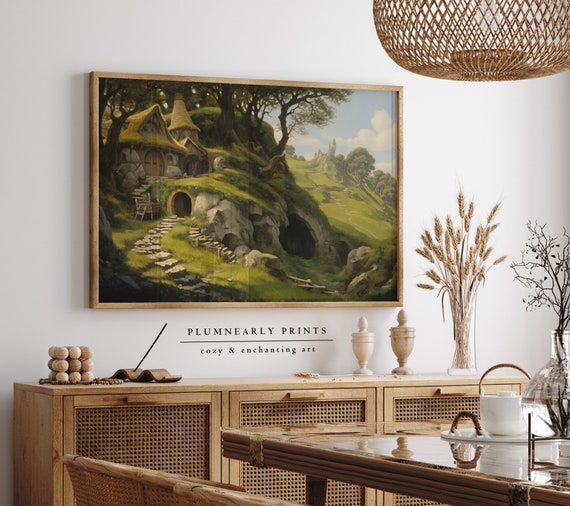 Hobbit House Painting Art Print Poster, The Shire Fantasy Landscape Wall Art, Enchanted Forest House Print, Whimsical Fairytale Home Decor