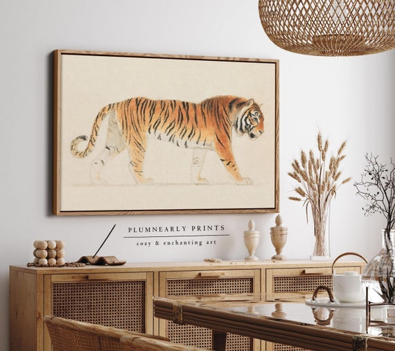 Tiger Watercolor Painting Framed Canvas, Stothard Vintage Jungle Animal Illustration Wall Art, Maximalist Big Cat Lover Gift Home Decor